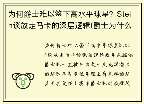 为何爵士难以签下高水平球星？Stein谈放走马卡的深层逻辑(爵士为什么打不过马刺)