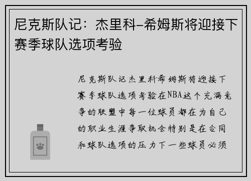尼克斯队记：杰里科-希姆斯将迎接下赛季球队选项考验