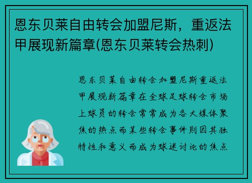 恩东贝莱自由转会加盟尼斯，重返法甲展现新篇章(恩东贝莱转会热刺)