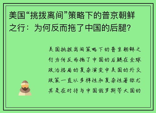 美国“挑拨离间”策略下的普京朝鲜之行：为何反而拖了中国的后腿？