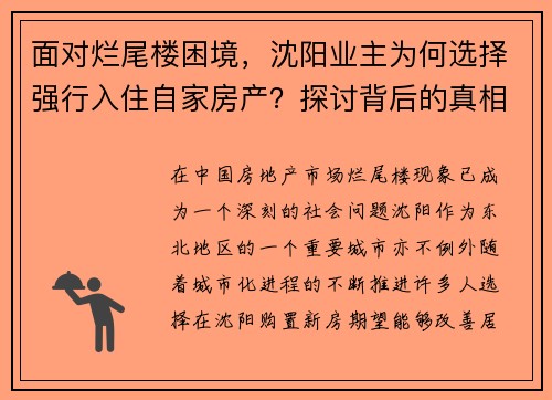 面对烂尾楼困境，沈阳业主为何选择强行入住自家房产？探讨背后的真相与无奈。