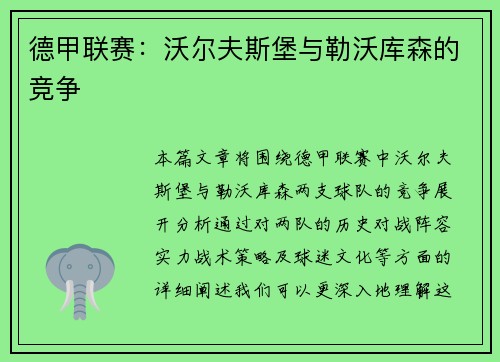 德甲联赛：沃尔夫斯堡与勒沃库森的竞争