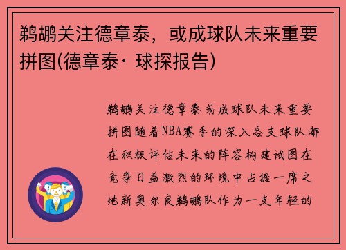 鹈鹕关注德章泰，或成球队未来重要拼图(德章泰· 球探报告)