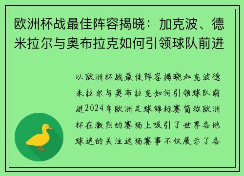 欧洲杯战最佳阵容揭晓：加克波、德米拉尔与奥布拉克如何引领球队前进