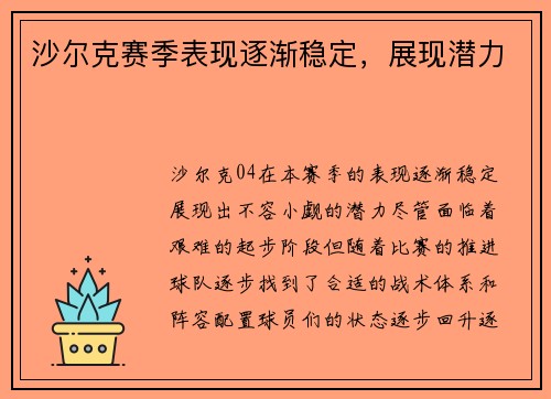 沙尔克赛季表现逐渐稳定,展现潜力 沙尔克赛季表现逐渐稳定,展现潜力