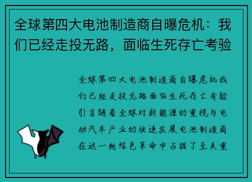 全球第四大电池制造商自曝危机：我们已经走投无路，面临生死存亡考验
